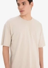 %100 Pamuk Oversize Geniş Kalıp Bisiklet Yaka Basic Düz Kısa Kollu Tişört Bej