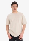 %100 Pamuk Oversize Geniş Kalıp Bisiklet Yaka Basic Düz Kısa Kollu Tişört Bej