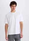 %100 Pamuk Oversize Geniş Kalıp Bisiklet Yaka Basic Düz Kısa Kollu Tişört Beyaz