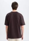 %100 Pamuk Oversize Geniş Kalıp Bisiklet Yaka Basic Düz Kısa Kollu Tişört Kahverengi