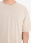 %100 Pamuk Oversize Geniş Kalıp Bisiklet Yaka Basic Düz Kısa Kollu Tişört Bej