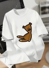20/1 Penye Compack Ayı Baskılı Oversize Bisiklet Yaka Kısa Kol T-shirt - Beyaz