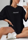 20/1 Penye Compack Classical Baskılı Siyah Oversize Tişort - Siyah