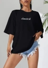 20/1 Penye Compack Classical Baskılı Siyah Oversize Tişort - Siyah