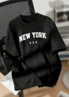 20/1 Penye Compack New York Baskılı Oversize Kısa Kol Bisiklet Yaka T-shirt - Siyah