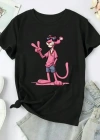 20/1 Penye Compack Pembe Panter Baskılı Oversize Bisiklet Yaka Kısa Kol Yazlık T-shirt - Beyaz