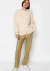 3 iplik şardonlu bisiklet yaka sweatshirt bej