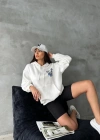 3 iplik şardonlu oversize kafa baskılı sweat beyaz