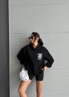 3 iplik şardonlu oversize kafa baskılı sweat siyah