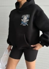 3 iplik şardonlu oversize kafa baskılı sweat siyah