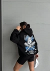 3 iplik şardonlu oversize kafa baskılı sweat siyah
