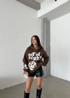 3 iplik şardonlu oversize out of baskılı sweat kahve