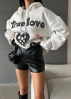 3 iplik şardonlu oversize true baskılı sweat Beyaz