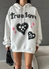 3 iplik şardonlu oversize true baskılı sweat Beyaz