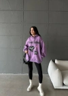 3 iplik şardonlu oversize true baskılı sweat mor