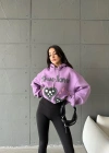 3 iplik şardonlu oversize true baskılı sweat mor
