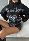 3 iplik şardonlu oversize true baskılı sweat siyah