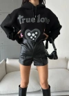 3 iplik şardonlu oversize true baskılı sweat siyah