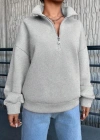 3 iplik Şardonlu yarım fermuarlı sweatshirt gri