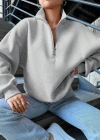 3 iplik Şardonlu yarım fermuarlı sweatshirt gri