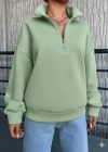 3 iplik Şardonlu yarım fermuarlı sweatshirt mint