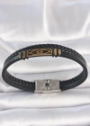 316L Çelik Gold Renk Aksesuarlı Çift Sıra Siyah Burgu Desenli Deri Kordon Erkek Bileklik