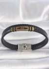316L Çelik Gold Renk Aksesuarlı Çift Sıra Siyah Burgu Desenli Deri Kordon Erkek Bileklik