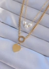 316L Çelik Gold Renk Çift Zincir İnci Detayı Love Kalp Kolye