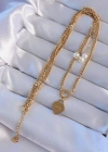 316L Çelik Gold Renk Çift Zincir İnci Detayı Love Kalp Kolye