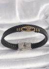 316L Çelik Gold Renk Gemi Dümen Figür Siyah Renk Çift Sıra Burgu Desenli Deri Kordon Erkek Bileklik
