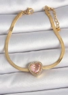 316L Çelik Gold Renk İtalyan Zincir Pembe Zirkon Taşlı Kalp Model Kadın Bileklik
