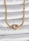 316L Çelik Gold Renk İtalyan Zincir Pembe Zirkon Taşlı Kalp Model Kadın Kolye