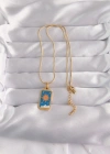 316L Çelik Gold Renk Mavi Mineli Güneş Model Tarot Kolye