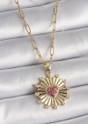 316L Çelik Gold Renk Pembe Zirkon Taşlı Kalp İşleme Madalyon Model Kadın Kolye