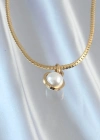 316L Çelik Gold Renk Yassı Zincir İnci Taşlı Kolye