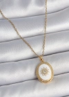 316L Çelik Gold Renk Zincir Beyaz Mineli Güneş İşlemeli Zirkon Taş Detaylı Madalyon Model Kadın Kolye