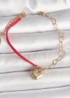 316L Çelik Gold Renk Zincir Kırmızı İp Model Sallantı Kalp Figür İşleme Detaylı Kadın Bileklik