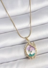 316L Çelik Gold Renk Zincir Mix Renk Mineli Çiçek İşlemeli Zirkon Taş Detaylı Portre Model Kadın Kolye