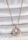 316L Çelik Gold Renk Zincir Mor Çiçek İşlemeli İnci Detay Potre Model Kadın Kolye