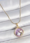 316L Çelik Gold Renk Zincir Mor Mineli İncili Çiçek İşlemeli Portre Model Kadın Kolye