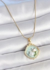 316L Çelik Gold Renk Zincir Turkuaz Mineli İncili Çiçek İşlemeli Portre Model Kadın Kolye