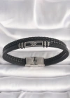 316L Çelik Gümüş Renk Gemi Dümeni Figür Siyah Burgu Deri Kordon Model Erkek Bileklik