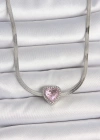 316L Çelik Gümüş Renk İtalyan Zincir Pembe Zirkon Taşlı Kalp Model Kadın Kolye