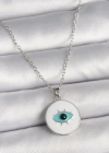 316L Çelik Gümüş Renk Zincir Beyaz Mineli Turkuaz Göz İşleme Model Kadın Kolye