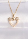 316L Çelik Zincir Altın Renk İnci Taş Detay Zirkon Taşlı Kalp Kolye