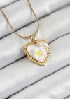316L Çelik Zincir Beyaz Sanatsal Portre İnci Detaylı Papatya Figürlü Kalp Model Gold Renk Kadın Kolye