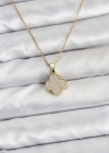 316L Çelik Zincir Gold Renk Zirkon Taşlı Yonca Model Kadın Kolye