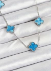 316L Çelik Zincir Gümüş Buz Mavisi Renk Yonca Kadın Kolye