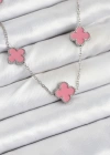 316L Çelik Zincir Gümüş Pembe Renk Yonca Kadın Kolye