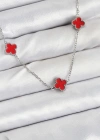 316L Çelik Zincir Gümüş Renk Kırmızı Baby Boy Yonca Kadın Kolye